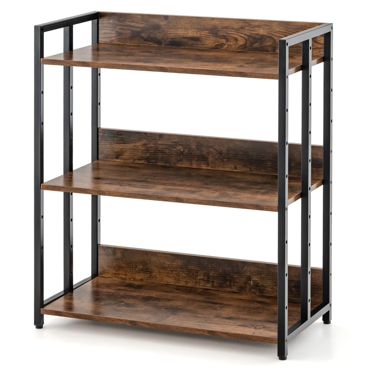CostwayBibliothèque Industrielle 3 Étagères Réglables 2 Modes d'Installation Coussinets de Pieds Réglables Étagère de Rangement Marron Rustique